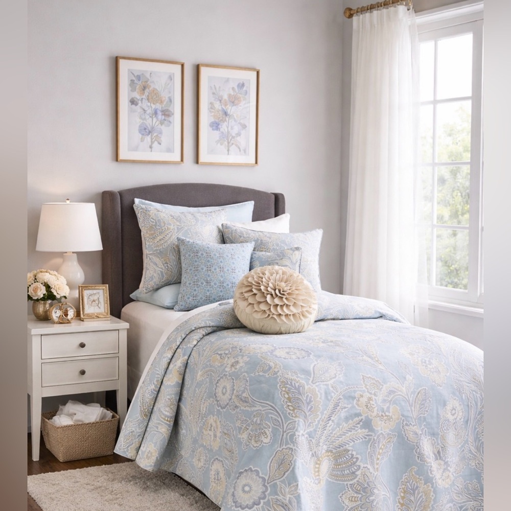 🛌$200 Sky Bedding Portia Paisley Twin Duvet Cover Set Twin Cotton Blue Floral